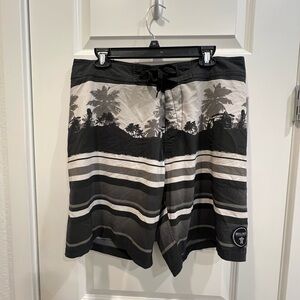 Molokai Men’s Black & Gray Palm-Striped Swim Board Shorts